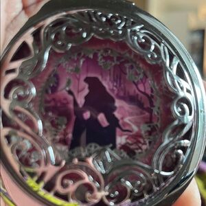 Ornate Silver Compact with Pink Silhouette